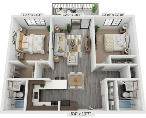 Floor plan for 2 beds, 2 baths, 908 sqft